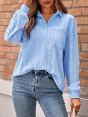 Women's casual solid color lapel loose long-sleeved top - 808Lush