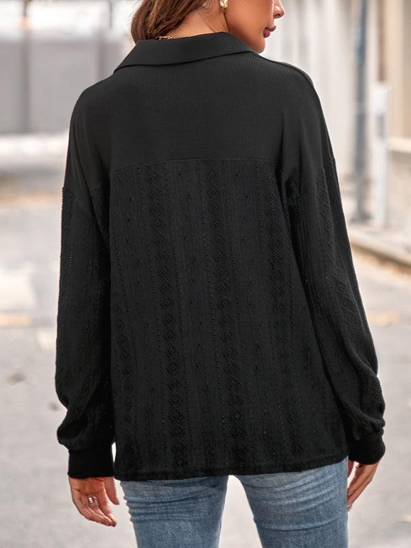 Women's casual solid color lapel loose long-sleeved top - 808Lush