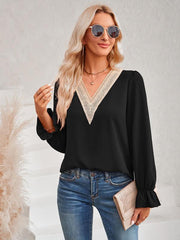 Women's casual solid color v-neck lace ruffle sleeve loose top - 808Lush