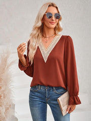 Women's casual solid color v-neck lace ruffle sleeve loose top - 808Lush