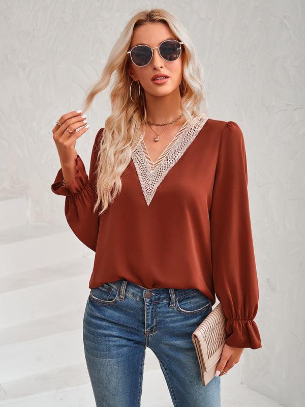 Women's casual solid color v-neck lace ruffle sleeve loose top - 808Lush