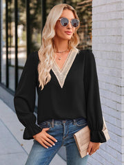 Women's casual solid color v-neck lace ruffle sleeve loose top - 808Lush