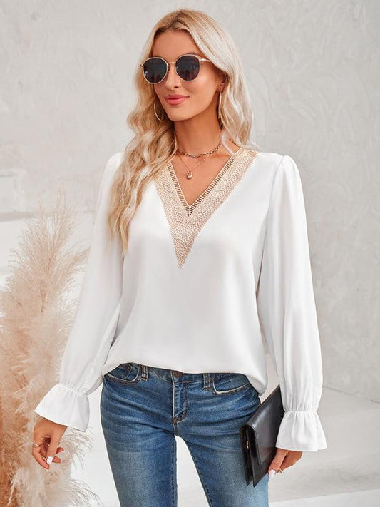 Women's casual solid color v-neck lace ruffle sleeve loose top - 808Lush