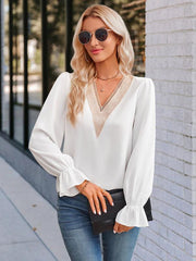 Women's casual solid color v-neck lace ruffle sleeve loose top - 808Lush
