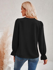Women's casual solid color v-neck lace ruffle sleeve loose top - 808Lush