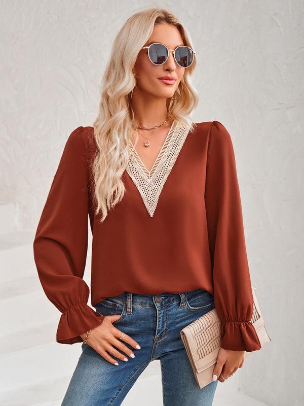 Women's casual solid color v-neck lace ruffle sleeve loose top - 808Lush