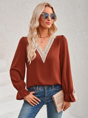 Women's casual solid color v-neck lace ruffle sleeve loose top - 808Lush