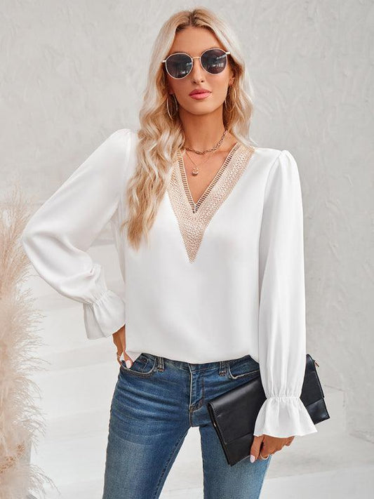 Women's casual solid color v-neck lace ruffle sleeve loose top - 808Lush