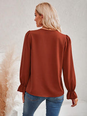 Women's casual solid color v-neck lace ruffle sleeve loose top - 808Lush