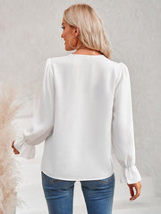 Women's casual solid color v-neck lace ruffle sleeve loose top - 808Lush