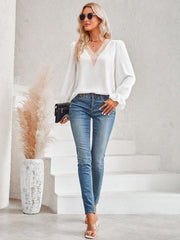Women's casual solid color v-neck lace ruffle sleeve loose top - 808Lush