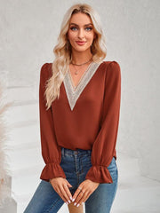 Women's casual solid color v-neck lace ruffle sleeve loose top - 808Lush