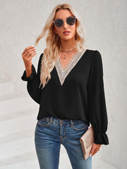 Women's casual solid color v-neck lace ruffle sleeve loose top - 808Lush