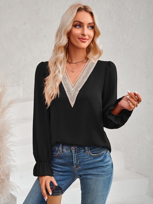 Women's casual solid color v-neck lace ruffle sleeve loose top - 808Lush
