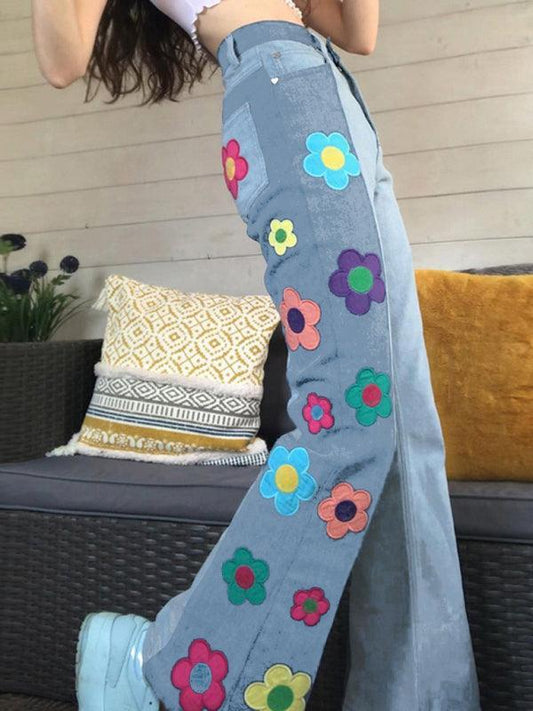 Women's color matching side print high waist bootcut pants casual jeans - 808Lush