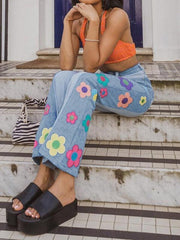 Women's color matching side print high waist bootcut pants casual jeans - 808Lush