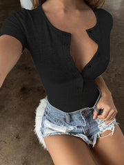 Women's deep V sexy slim button solid color bottoming bodysuit - 808Lush