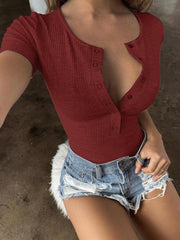 Women's deep V sexy slim button solid color bottoming bodysuit - 808Lush