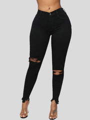 Women's elastic ripped solid color denim - 808Lush