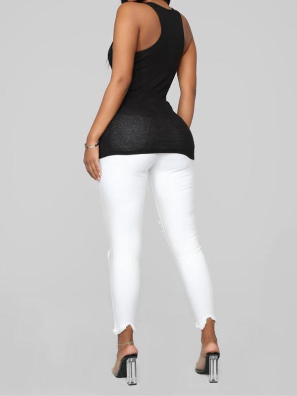 Women's elastic ripped solid color denim - 808Lush