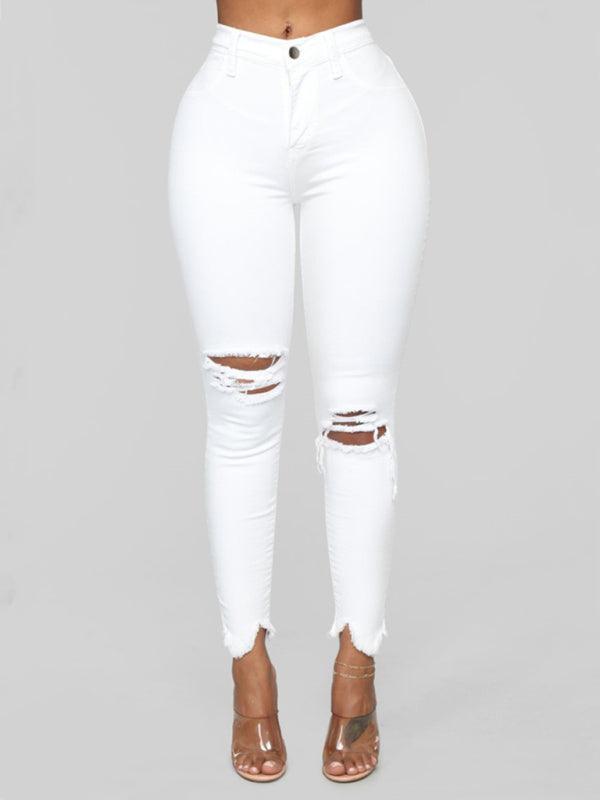 Women's elastic ripped solid color denim - 808Lush
