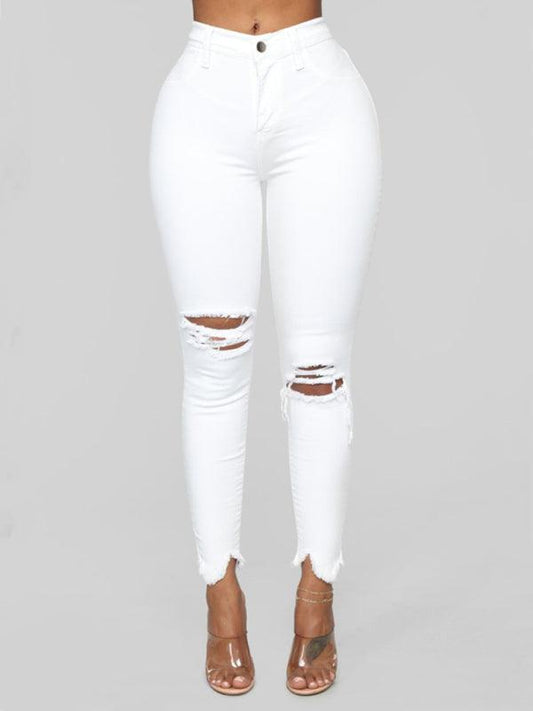 Women's elastic ripped solid color denim - 808Lush