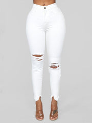 Women's elastic ripped solid color denim - 808Lush