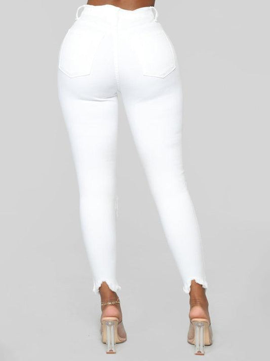 Women's elastic ripped solid color denim - 808Lush