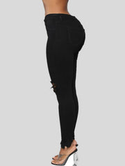 Women's elastic ripped solid color denim - 808Lush