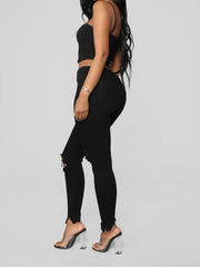 Women's elastic ripped solid color denim - 808Lush