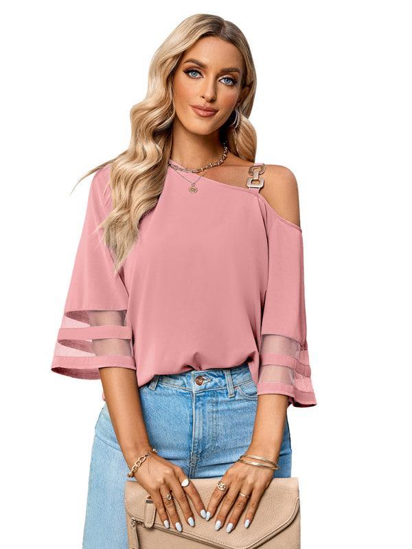 Women's elegant solid color metal buckle one-shoulder blouse - 808Lush