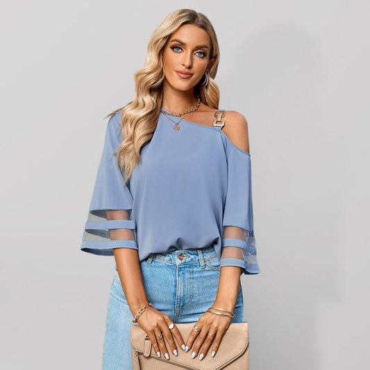 Women's elegant solid color metal buckle one-shoulder blouse - 808Lush