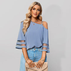 Women's elegant solid color metal buckle one-shoulder blouse - 808Lush