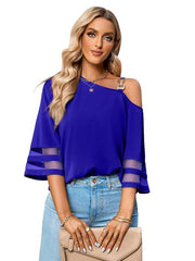 Women's elegant solid color metal buckle one-shoulder blouse - 808Lush