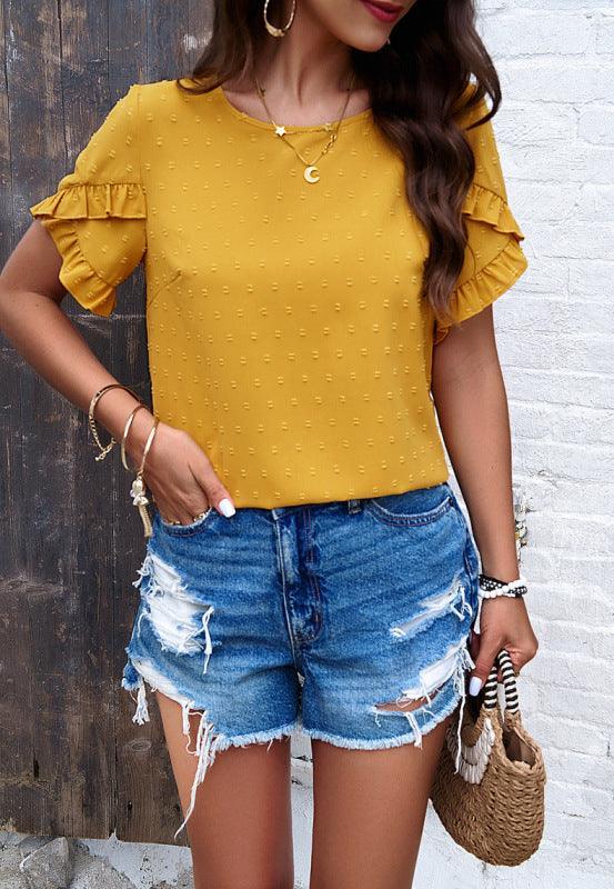 Women's elegant solid color round neck short-sleeved top blouse - 808Lush