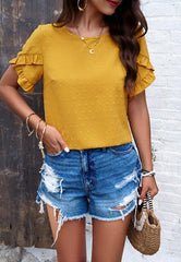 Women's elegant solid color round neck short-sleeved top blouse - 808Lush