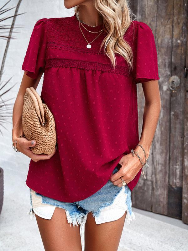 Women's elegant solid color short-sleeved lace blouse - 808Lush