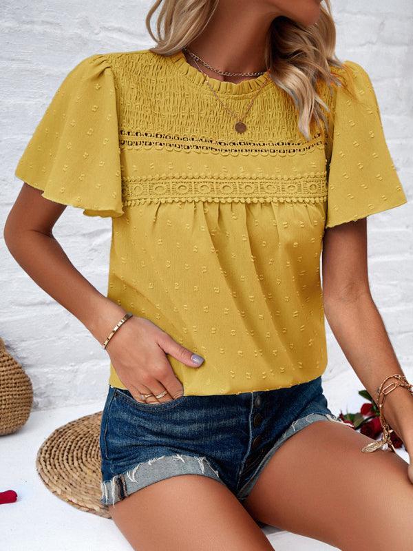 Women's elegant solid color short-sleeved lace blouse - 808Lush