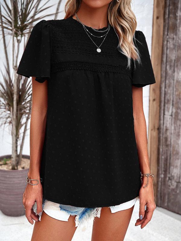 Women's elegant solid color short-sleeved lace blouse - 808Lush