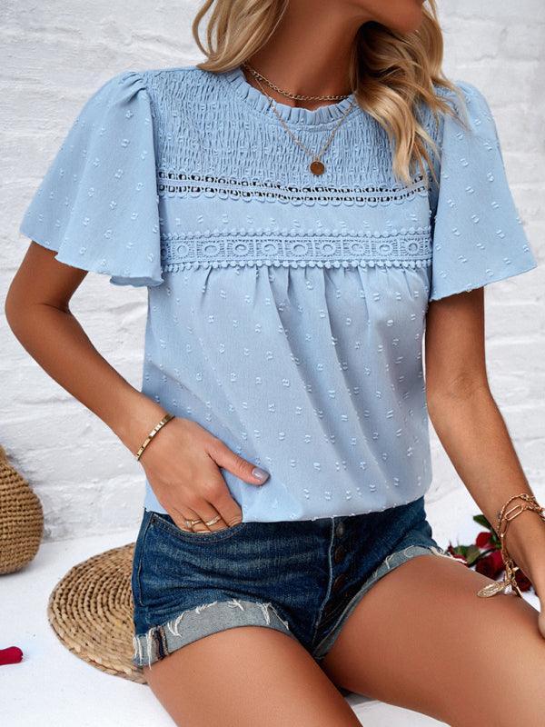 Women's elegant solid color short-sleeved lace blouse - 808Lush