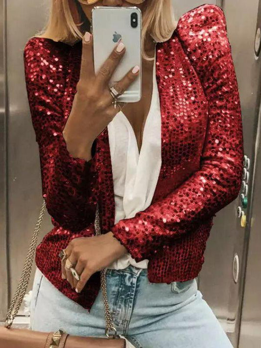 Women's fashion round neck solid color sequined short coat casual all-match small coat - 808Lush