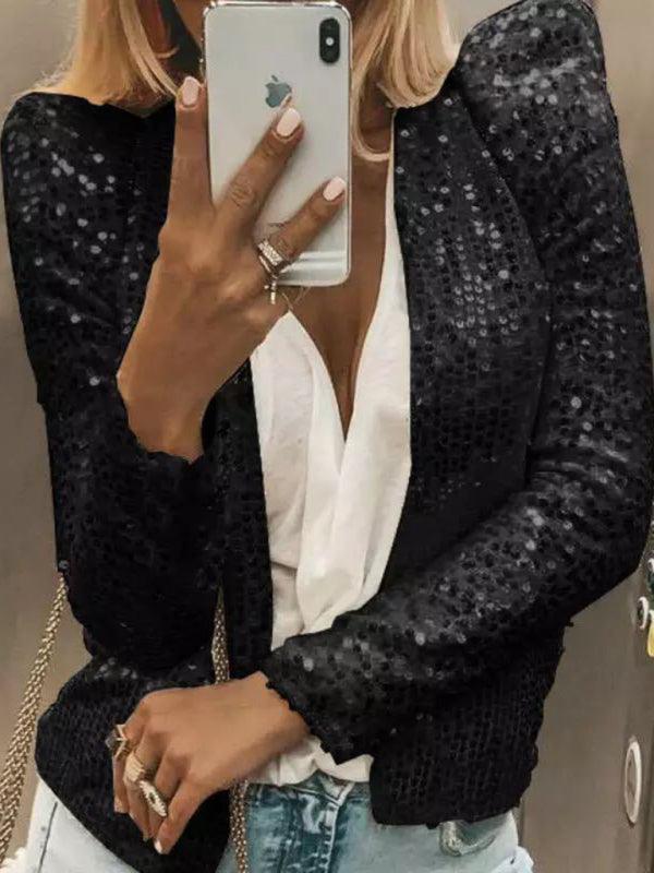 Women's fashion round neck solid color sequined short coat casual all-match small coat - 808Lush
