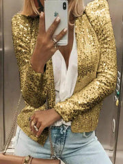 Women's fashion round neck solid color sequined short coat casual all-match small coat - 808Lush