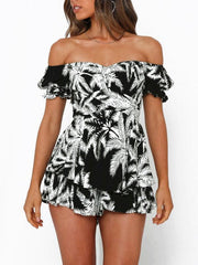 Women's fashion sexy one-neck lantern lotus leaf short-sleeved printed jumpsuit - 808Lush