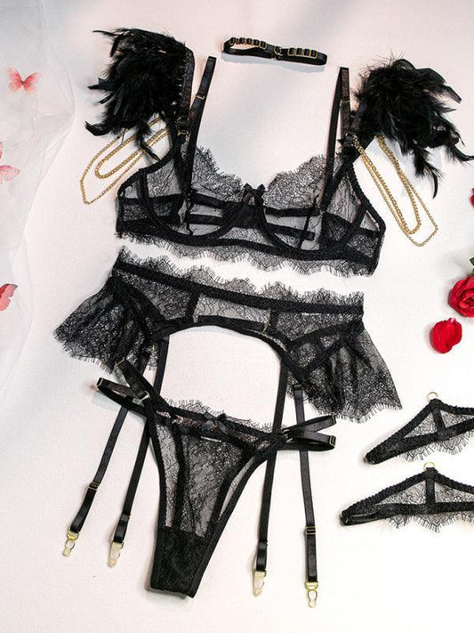 Women's feather stitching contrast color sexy lingerie sets - 808Lush
