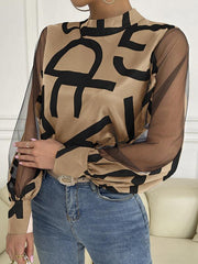Women's geometric print stitching mesh round neck long-sleeved top - 808Lush
