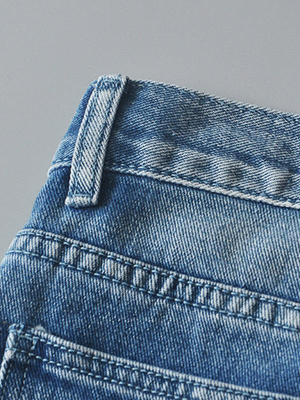 Women's high-waisted buttoned-up washed ripped raw edge denim shorts hot pants - 808Lush