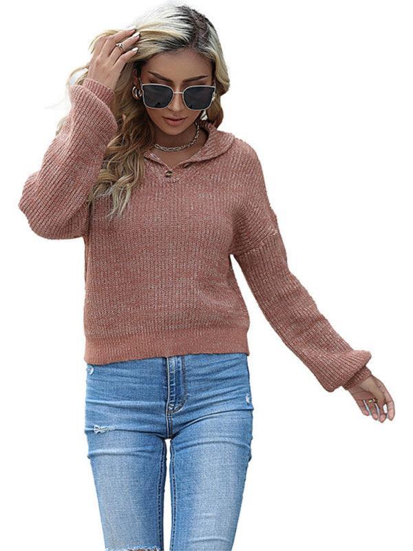 Women's knitted short solid color lapel sweater - 808Lush