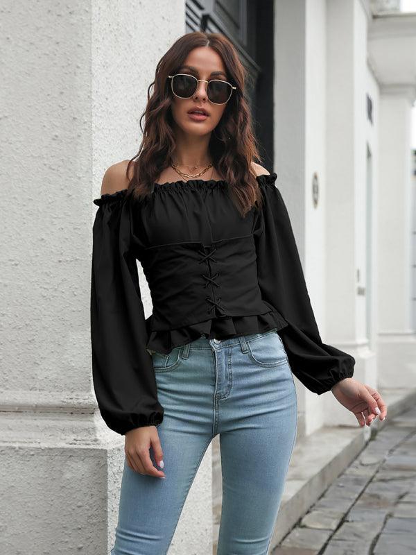 Women's lace up Lantern Sleeve straight neck waist tunic - 808Lush