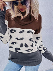 Women's leopard print collision color pile collar long sleeve pullover sweater - 808Lush